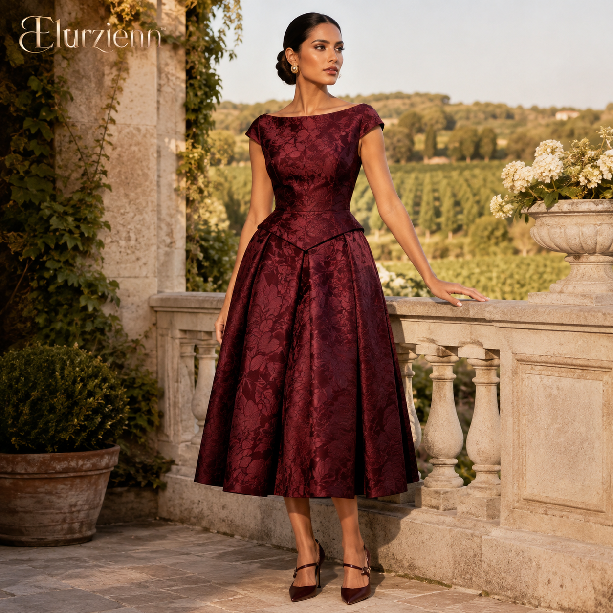 Elurzienn™ Violette Floral Tapestry Corset Midi Dress – Vintage Botanical Fit-and-Flare Dress, Structured Square Neck Garden Party Dress for Women