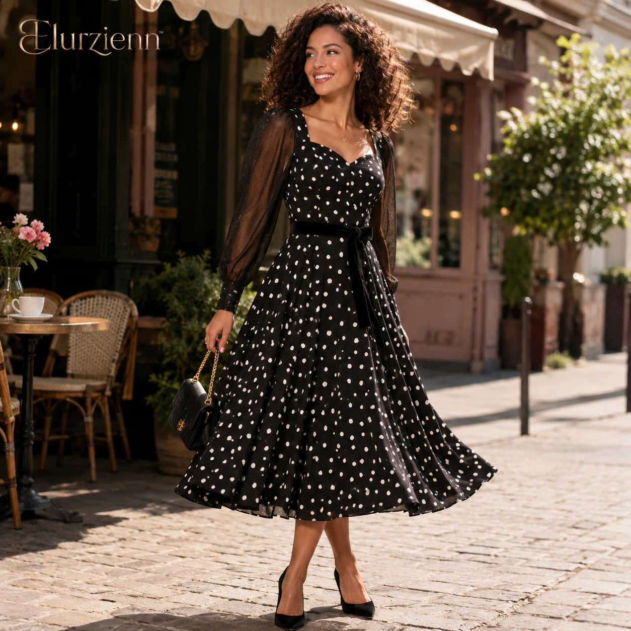 Elurzienn™ Rosalind Black Polka Dot Swing Dress – 1950s Vintage Midi Dress, Sweetheart Neck Fit-and-Flare Cocktail Dress with Organza Sleeves
