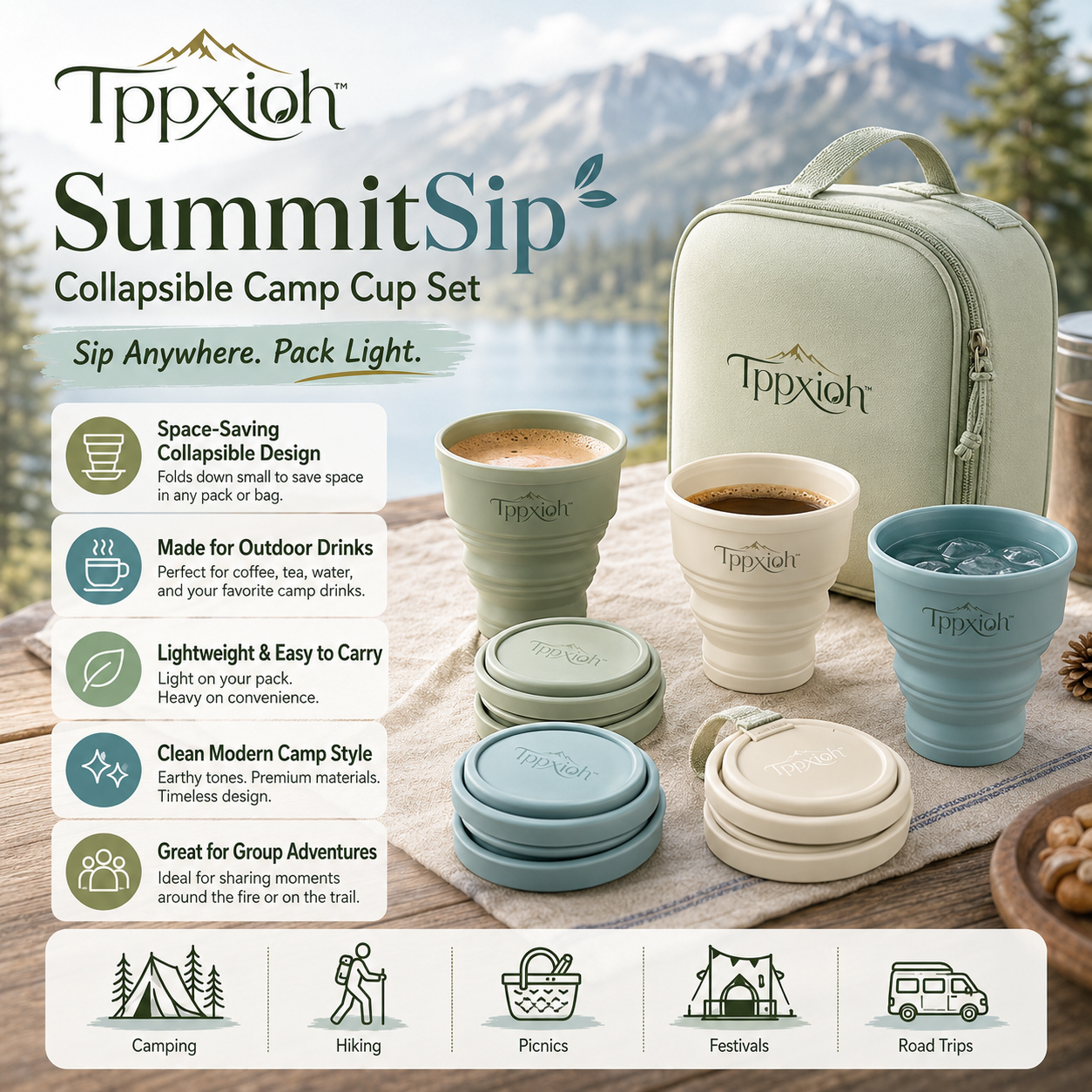 Tppxioh™ SummitSip Collapsible Camp Cup Set – Packable Outdoor Travel Cups, Lightweight Camping Drinkware, Hiking Coffee Cup, Picnic Cup Set