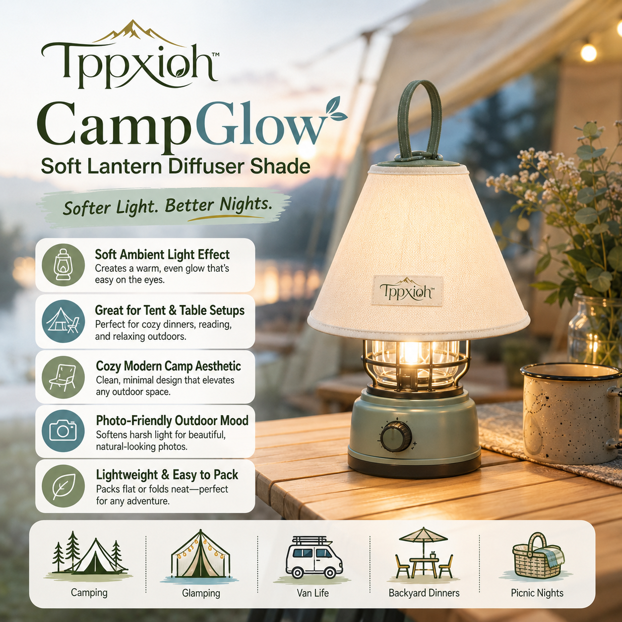 Tppxioh™ CampGlow Soft Lantern Diffuser Shade – Camping Light Cover, Tent Lantern Accessory, Outdoor Ambient Light Shade, Campsite Mood Lighting