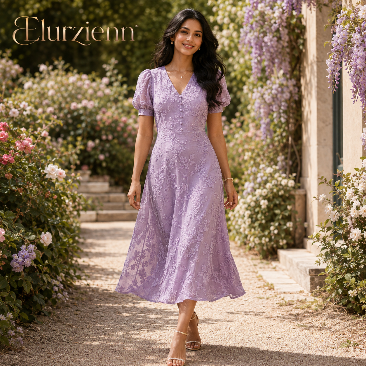 Elurzienn™ Marguerite Dusty Lilac Devore Tea Dress – Vintage Floral Puff Sleeve Midi Dress, Romantic Bias-Cut Wedding Guest Dress for Women