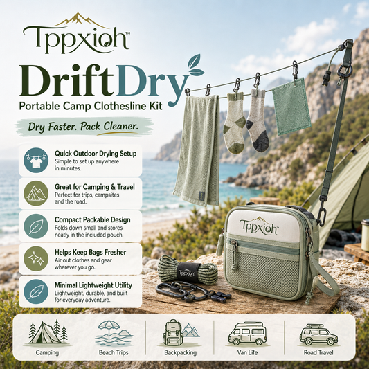 Tppxioh™ DriftDry Portable Camp Clothesline Kit – Travel Laundry Line, Camping Towel Drying Rope, Hiking Gear Drying Strap, Outdoor Utility Cord