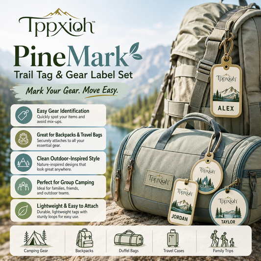 Tppxioh™ PineMark Trail Tag & Gear Label Set – Outdoor Gear ID Tags, Camping Label Clips, Backpack Name Tags, Travel Bag Markers
