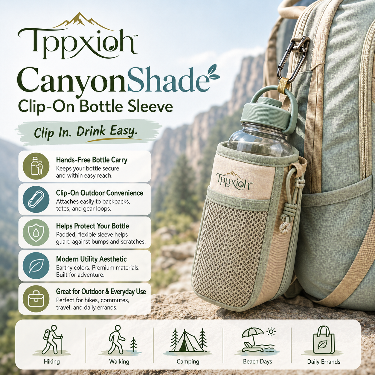 Tppxioh™ CanyonShade Clip-On Bottle Sleeve – Outdoor Water Bottle Holder, Hiking Bottle Carrier, Insulated Drink Sleeve, Camping Hydration Accessory